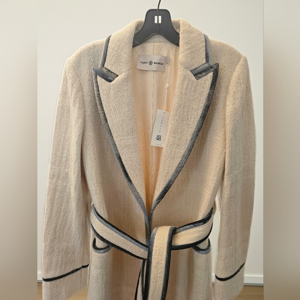 Tory Burch Women's Cream and Blue Velvet Trim Coat - Picture 8 of 8